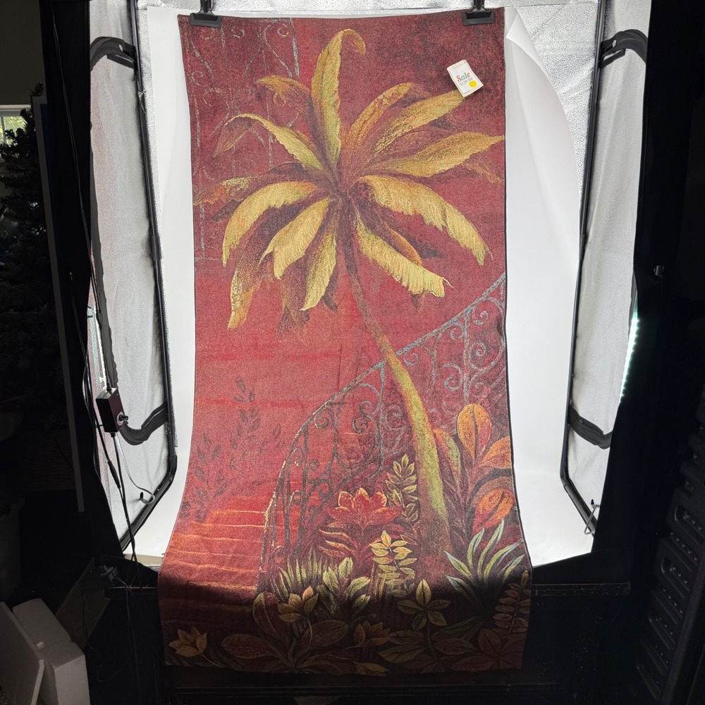 Tropical Palm Tree Woven Tapestry Wall Hanging Red Gold Mediterranean Decor - Picture 2 of 4